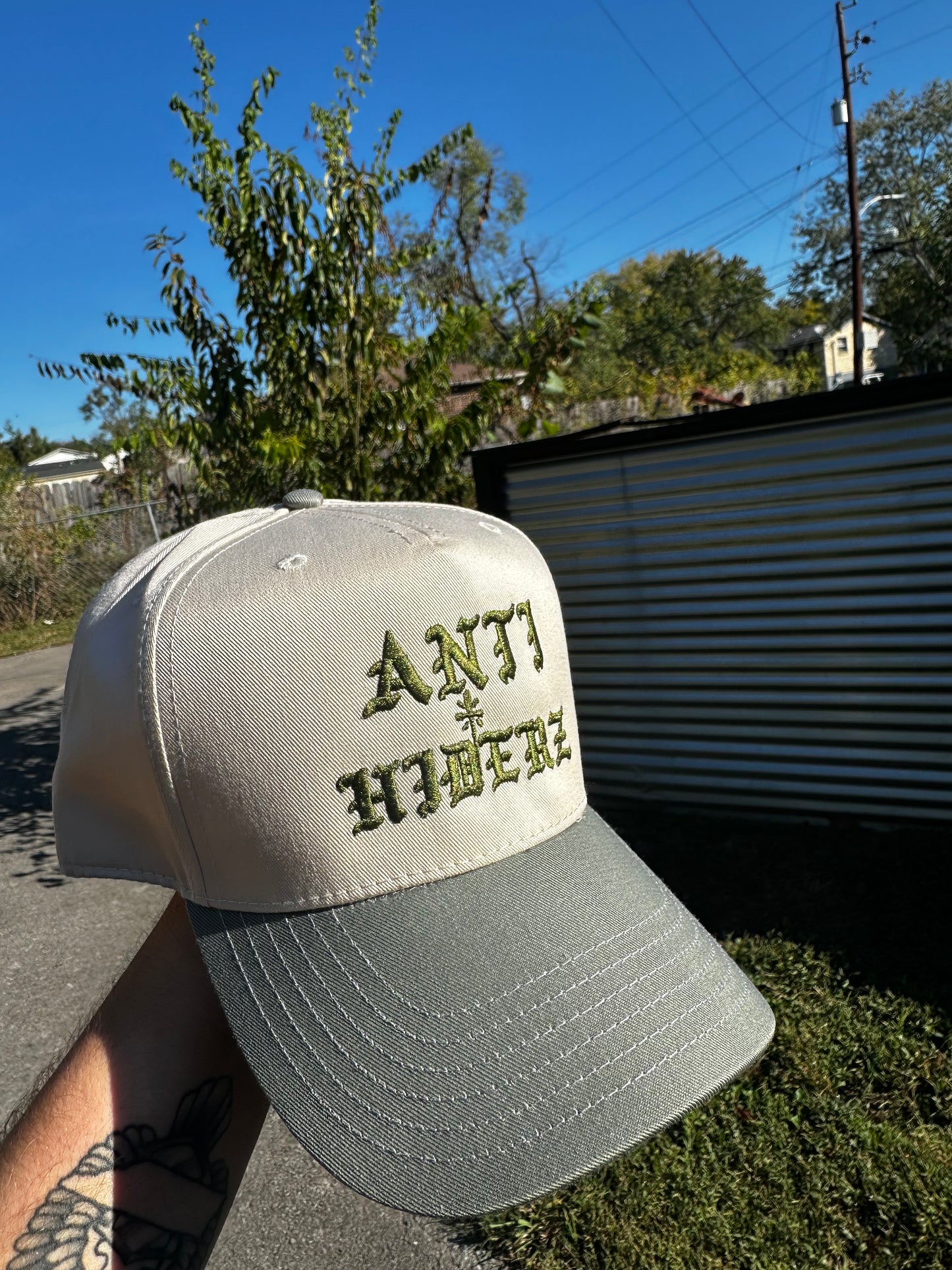 Anti/Hiderz "Tan with Sage Green Font” Hat