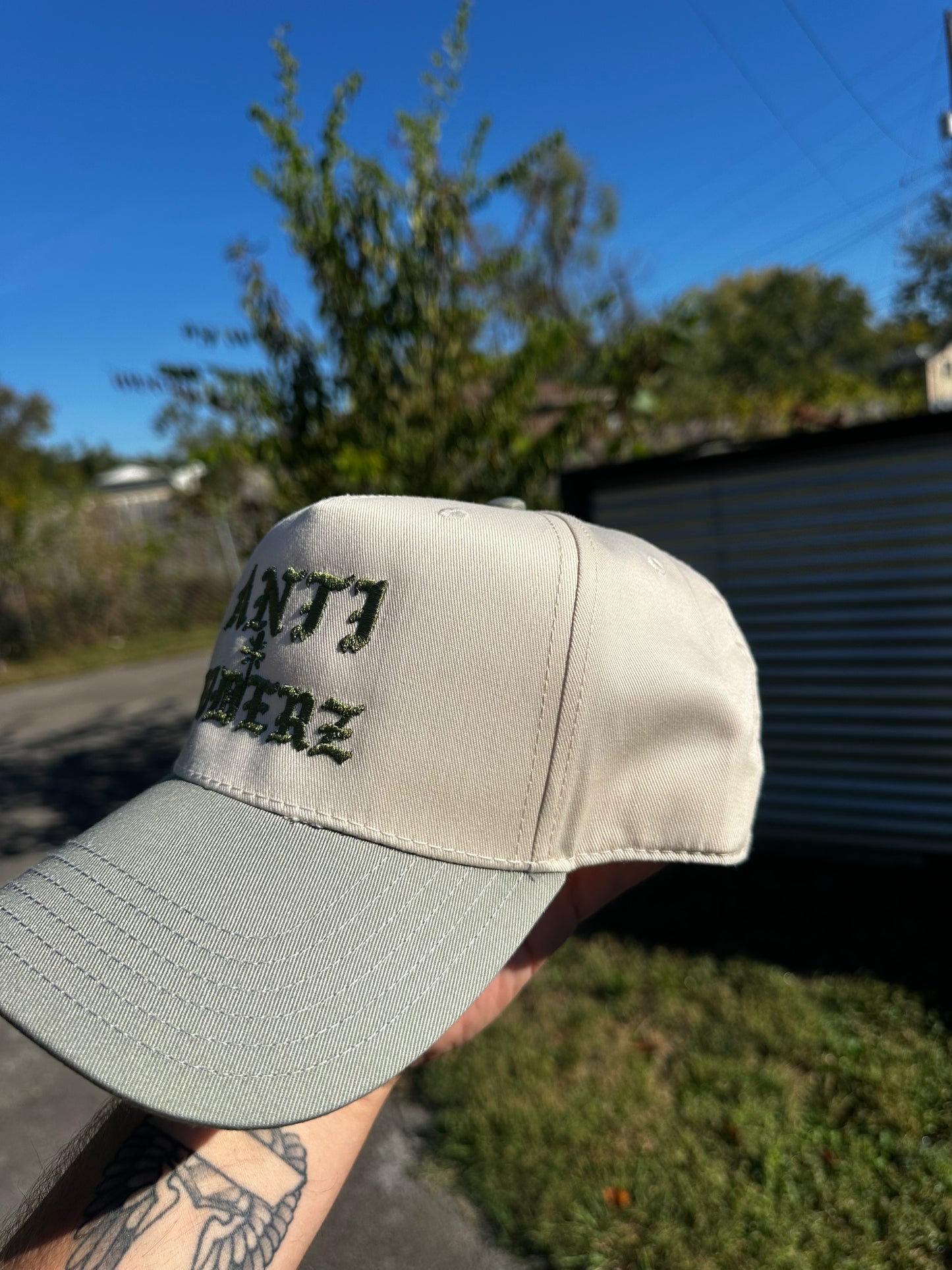 Anti/Hiderz "Tan with Sage Green Font” Hat